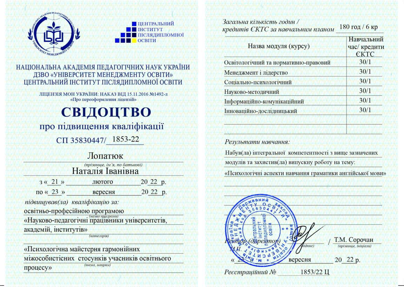 Свідоцтво про підвищення кваліфікації